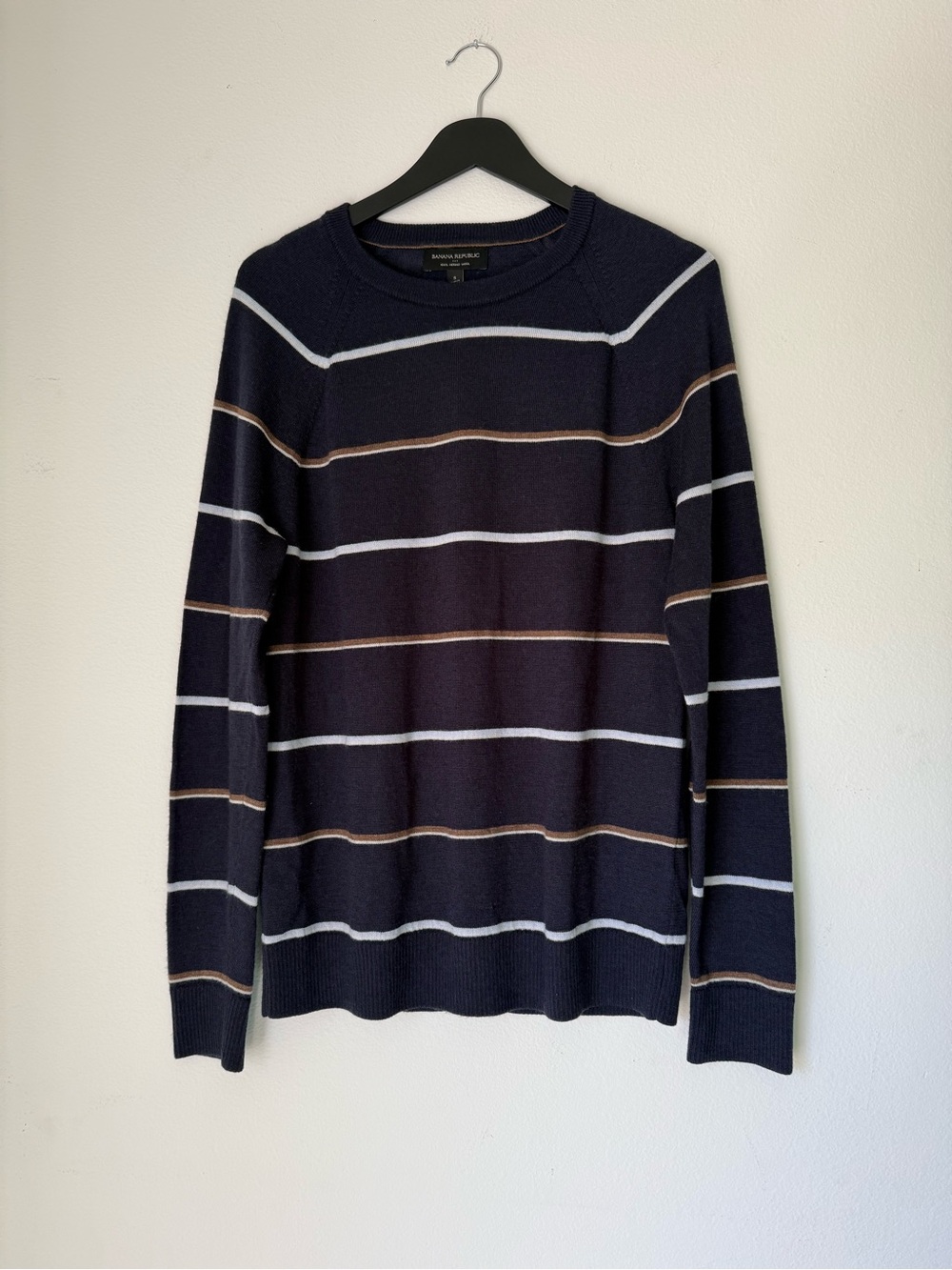 Banana Republic Factory 100% Merino Wool Striped Crewneck Sweater Small Navy